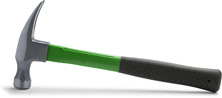 a metal hammer with a green handle and a black rubber grip