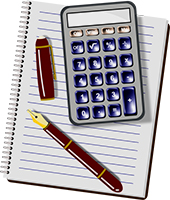 a calculator and pen on top of an open notepad
